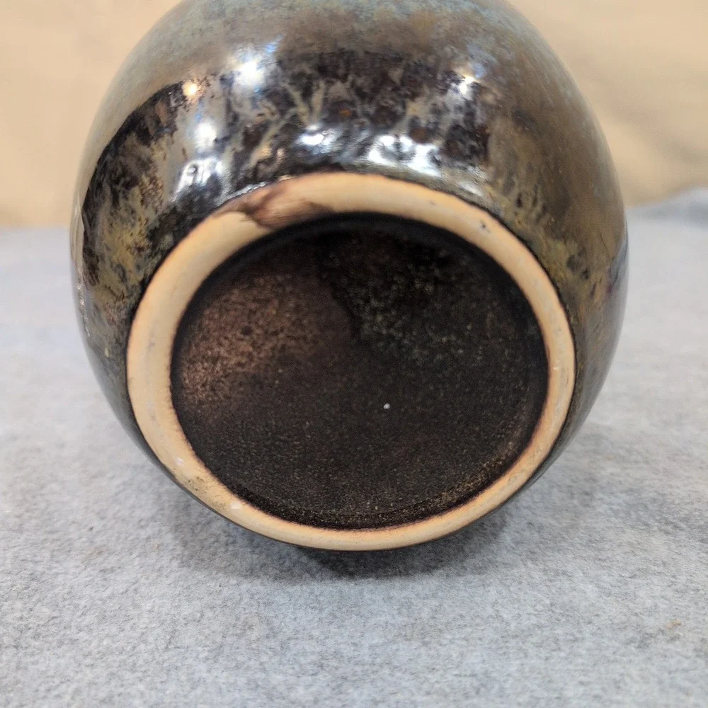 Unattributed Studio Pottery Vase Hand Thrown Stoneware Brown Blue Drip Glaze - Picture 5 of 7